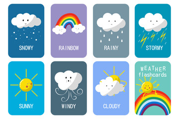 weather flashcards collection. Sunny, rainy, windy, snowy, rainbow, cloudy, stormy. Flash cards set with funny sun and cloud characters. Vector illustration
