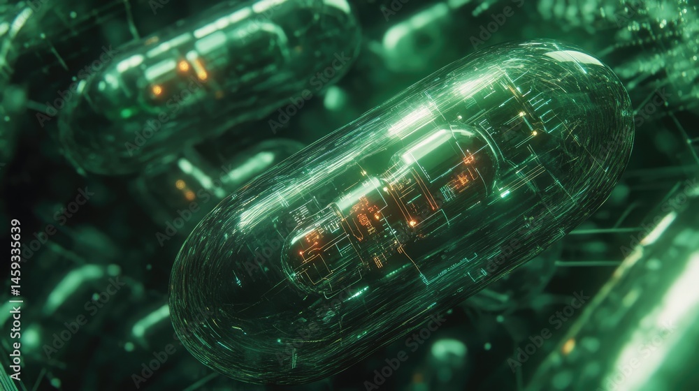 Aufkleber capsules encapsulated in biometric circuit pathways glowing with diagnostic light pulses