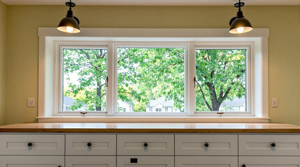 Fototapeta premium bright kitchen with white cabinets and window view of green trees