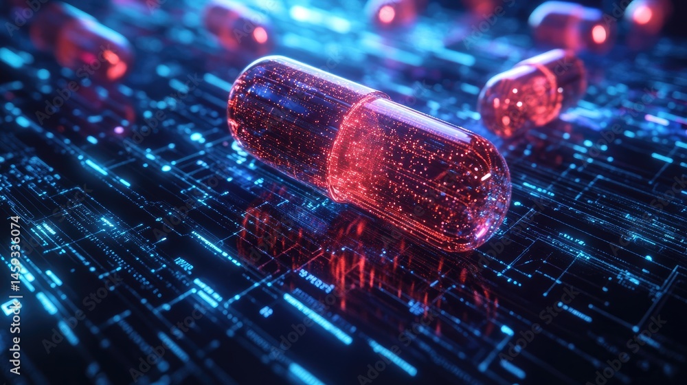 Poster capsules highlighted within a neural web interface of futuristic health analytics