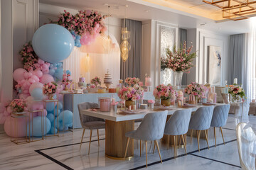 Luxury indoor gender reveal party with floral decor, pink-blue color theme