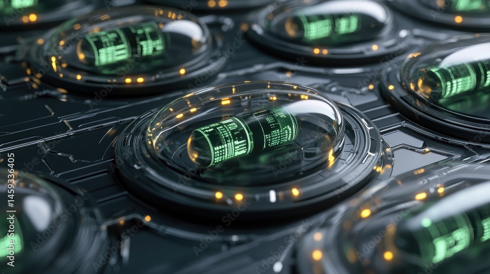 Aufkleber capsules surrounded by radial biometrics and encrypted data flows within a med-tech visualization