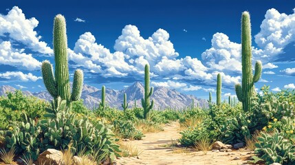 Sunny desert landscape with cacti and mountains.