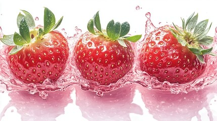 Three Red Strawberries Splashing in Pink Juice on White Background