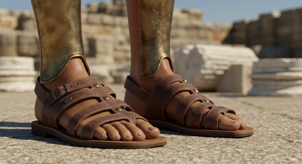 Ancient Gladiator Sandals: A 3D Render of Brown Leather Sandals with Golden Greaves