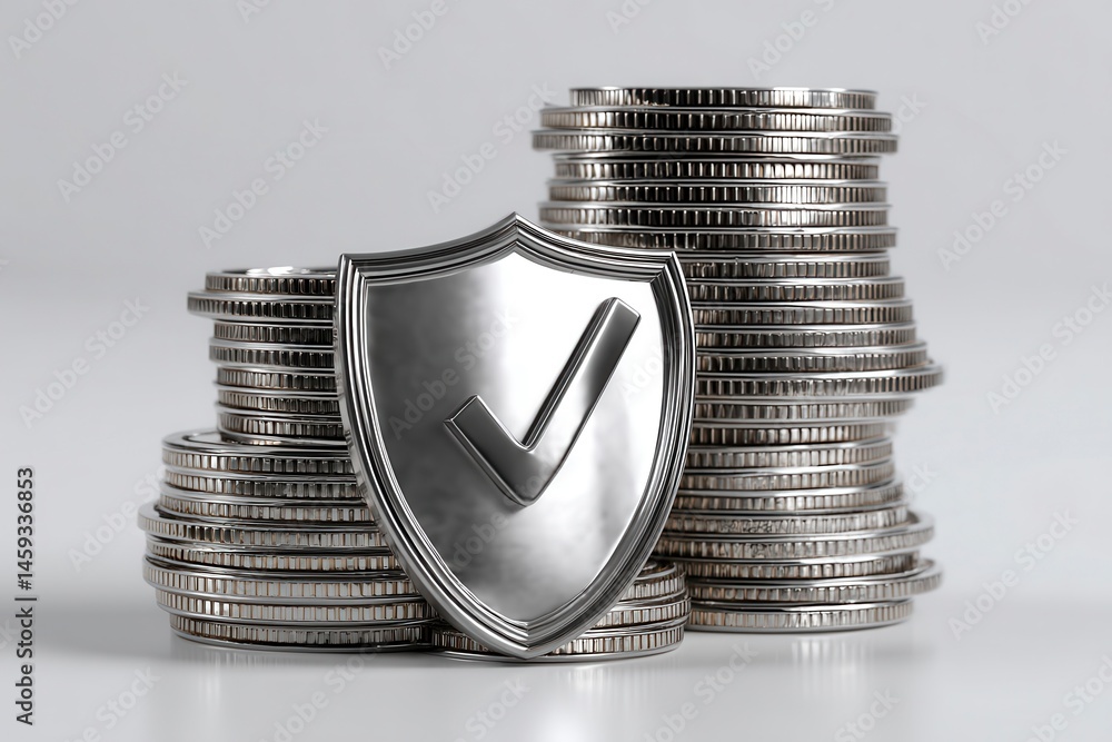 Poster metallic shield with checkmark surrounded by stacks of coins
