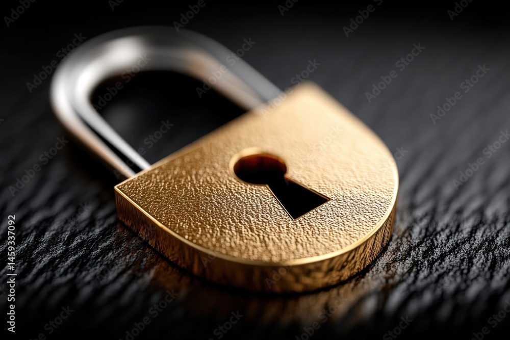 Poster golden padlock on a textured surface with a keyhole visible.
