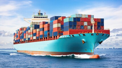 Fototapeta premium Cargo ship navigating open seas under a clear blue sky, symbolizing international marine transport