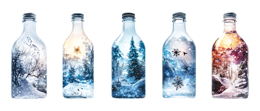 Pack of Five Watercolor Bottles with Nature Scenes Artistic Backgrounds  Textures set against transparent background - Powered by Adobe