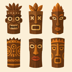 Collection of Wood Carved Tiki Masks for Cultural Decoration or Design