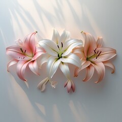 The image features three elegant lily flowers in pink, white, and peach, with delicate petals, stamen, and subtle shadows, arranged on a soft white background.