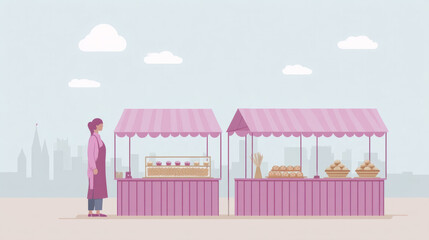 Pink canopied market stalls brim with baked delights under soft skies, invoking National Picnic Day and Hygge-inspired gatherings