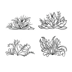 Set bushes leaves decor line flat vector