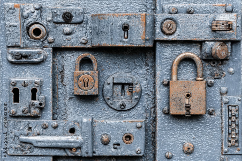 Poster metallic locks and hardware on a textured surface.