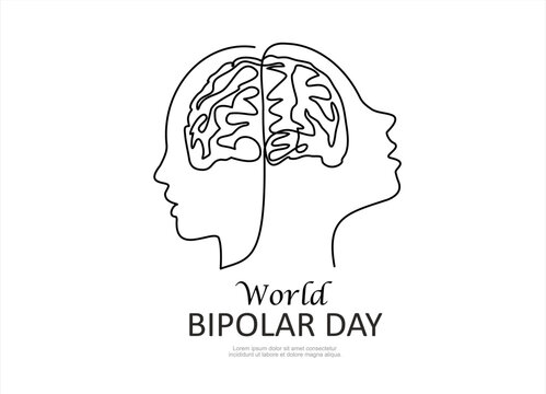 Brain of a person with opposite emotions. Bipolar disorder symbol. World Bipolar Day. Vector illustration. Editable stroke.