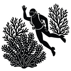 Scuba diving vector silhouette illustration Diver hovering near coral