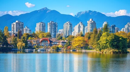 Vancouver cityscape reflecting on calm lake, autumn foliage