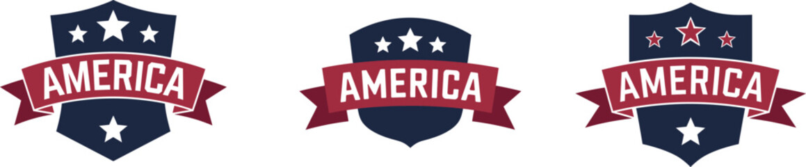 USA Shield Badge Vector Set – Patriotic America Ribbon Emblem with Stars and Banner design illustration on white background
