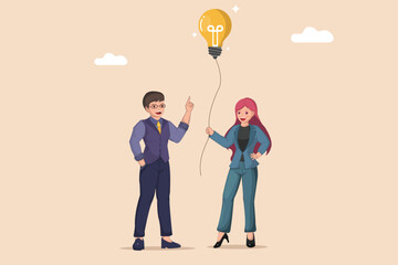 Businesswoman Presenting a Bright Lightbulb Idea, Symbolizing Innovation and Creative Concepts to a Colleague.