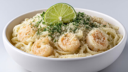Shrimp fettuccine crowned with lime zest whispers seaside serenades, perfect for National Pasta Day and maritime culinary explorations