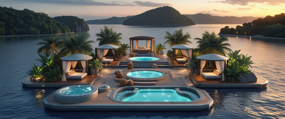 Luxurious floating spa resort featuring multiple pools and cabanas with a tranquil sunset coastal scene