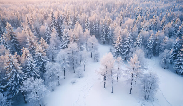 Aerial View of Snow-Covered Forest