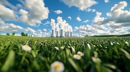 Realistic nuclear power plant surrounded by lush green hills and soft wild grass, cooling towers rising above a tree-lined perimeter, large empty lawn in the foreground under bright daylight