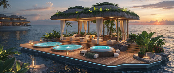Obraz premium Luxurious floating spa resort with jacuzzis and sunbeds overlooking the ocean at sunset with relaxation theme