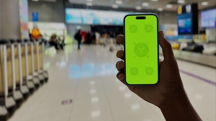 GREEN SCREEN CHROMA KEY A hand holding a smartphone with a green screen near an airport baggage claim. Blurred travelers and luggage area in the background