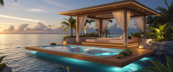 Fototapeta premium Luxurious floating villa with swimming pool and gazebo overlooking the ocean at sunset