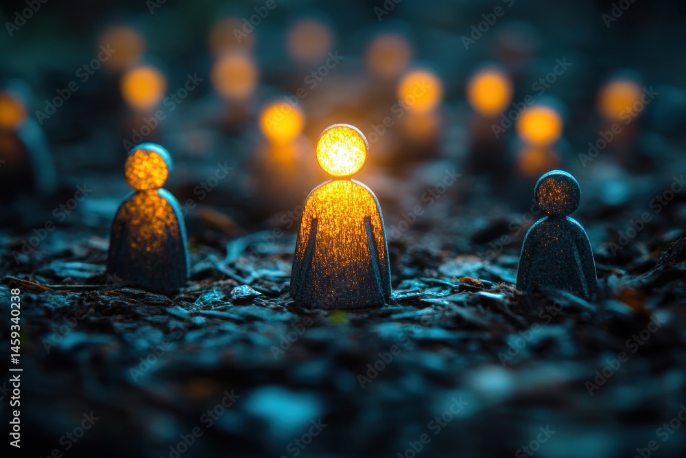 Poster illuminated figures in a mysterious landscape, evoking a sense of wonder and curiosity with soft amb