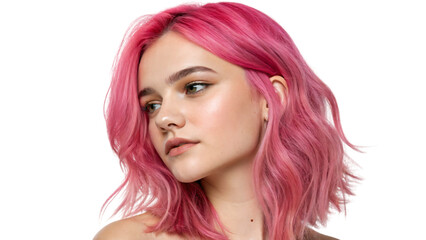 Naklejka premium pink hair girl model with red lips and a natural smile showcases glamour closeup