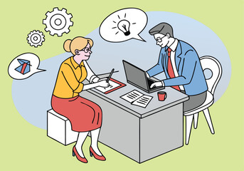 Business Job Interview concept. Vector cartoon illustration of a young woman asking questions and a man in a suit answering them while sitting at a table. Isolated on background
