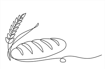 continuous line of bread and wheat. wheat and bread one line concept. single line drawing of wheat bread isolated on white background. Editable stroke.
