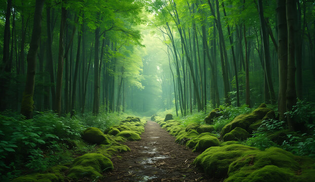 A serene forest path with dense trees and lush greenery