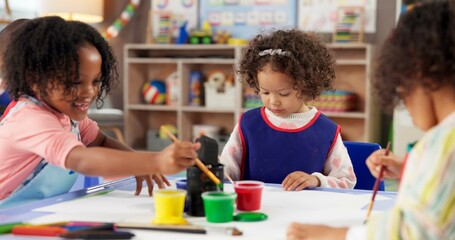 Learning, children and painting in class for art, creative talent and development in preschool....