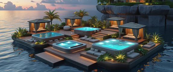 Fototapeta premium Luxurious island resort floating on water featuring jacuzzis gazebos and tropical landscaping with calming sunset scenery.