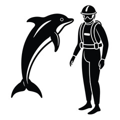 Scuba diving vector silhouette illustration Diver petting stingray