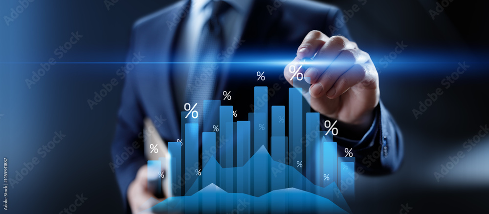 Poster financial growth strategy and data visualization with interactive graphs and percentages in business