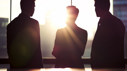 Three silhouetted figures engage in a strategical sunset dialogue, evoking shadowy intrigue, World Philosophy Day reflections, enigmatic corporate synergy