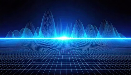 A glowing blue digital landscape with grid lines and waveforms, evoking a futuristic, technological, or virtual reality environment.