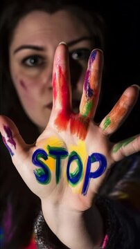 The hand holds the sign with the inscription "Stop". The concept of stop violence. Stop home violence.
