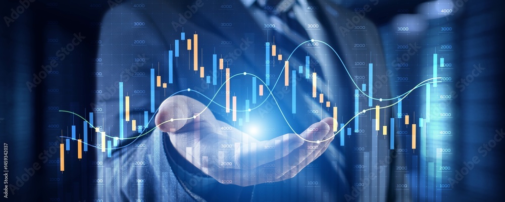 Poster advanced financial analysis and strategic decision-making with digital visualization.