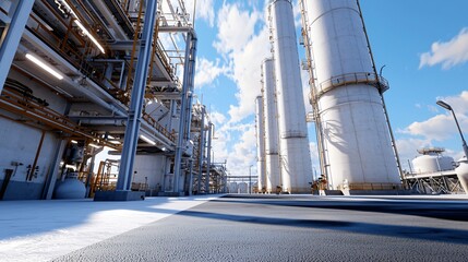 Gas treatment plant with elevated tanks and cylindrical towers, quiet day setting, lower frame left blank with asphalt floor, clear industrial theme