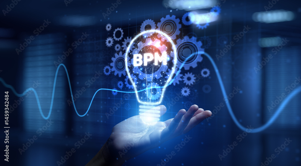 Poster bpm business process management optimizing workflow and efficiency with human hand holding lamp holo