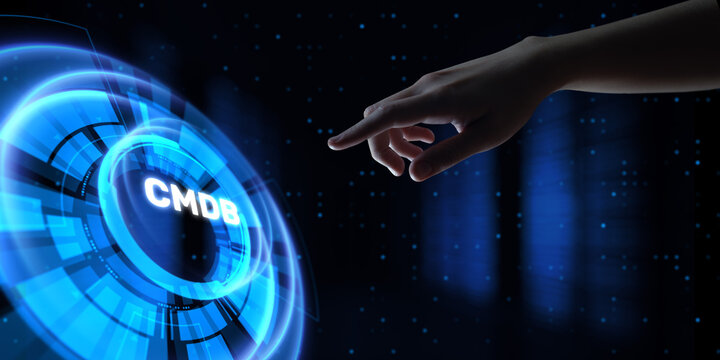 CMDB Configuration management database. Hands pressing button virtual screen.