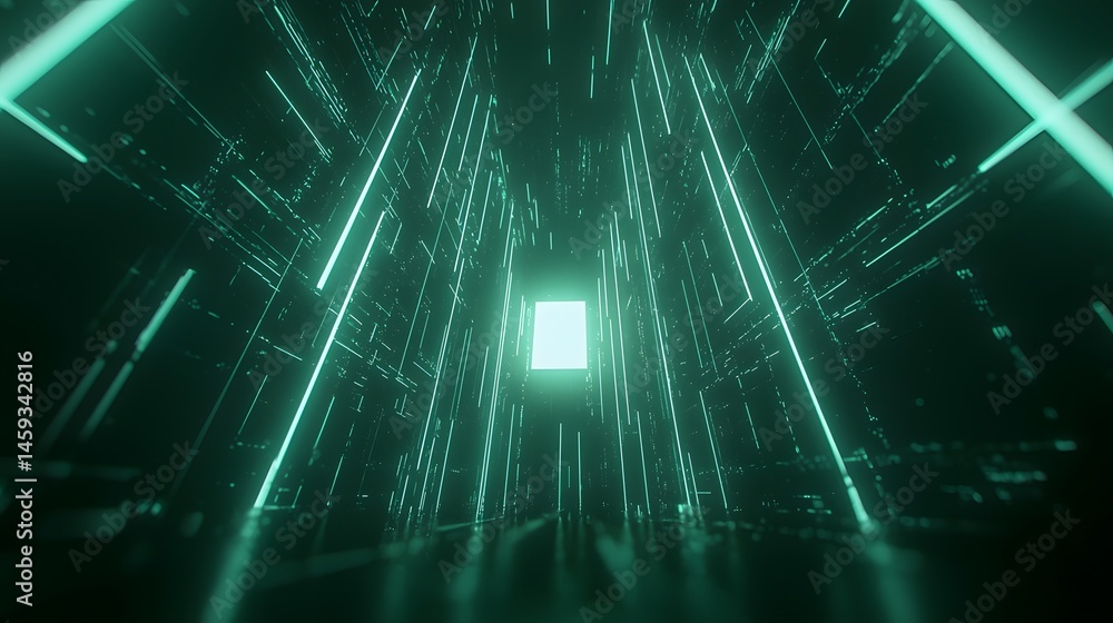 Poster abstract digital tunnel with glowing lines and light.