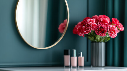 Gilded mirror reflection, vibrant carnations celebrate Nowruz renewal, chic vanity whispers glamour, intimate feminine rituals, Persian elegance