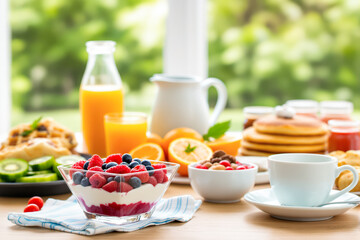 close-up view of a delicious breakfast featuring a glass bowl of yogurt with fresh raspberries and blueberries