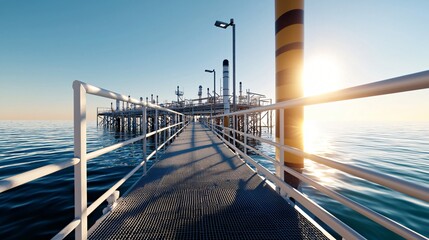 High-tech gas terminal near coastline, ocean barely visible in background, daylight scene with large unused dock area, wide perspective for flexible layout